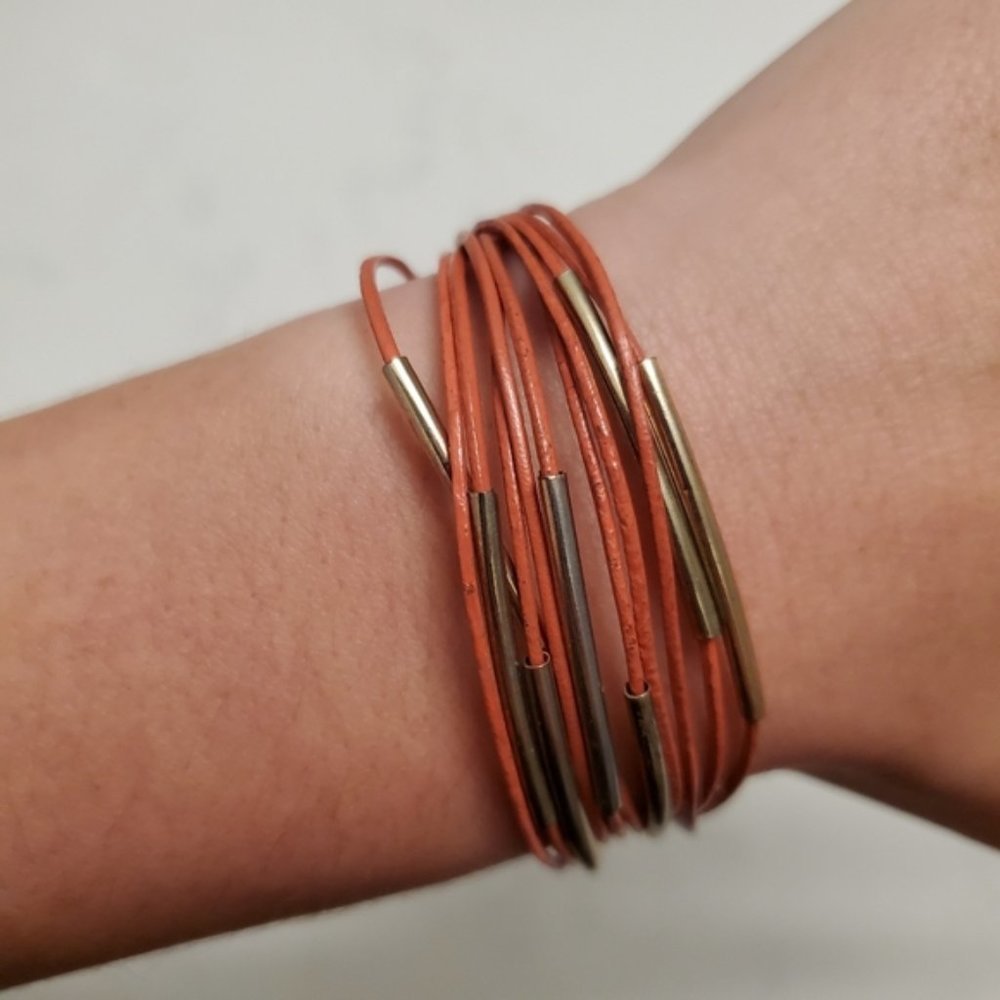 Burnt Orange Faux Leather Strappy Bracelet Gold Preppy Boho Neutral Work Office